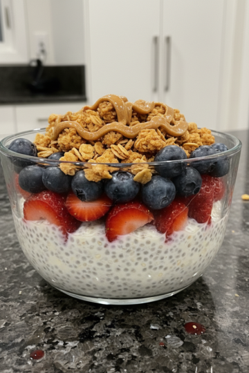 A vibrant, creamy High Protein Chia Pudding in a glass jar, topped with fresh berries and nuts.