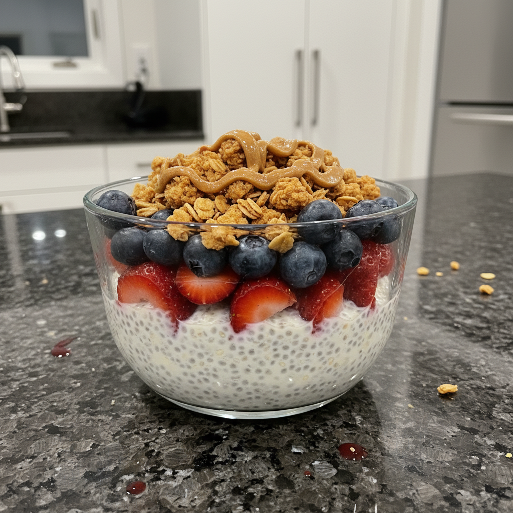 A vibrant, creamy High Protein Chia Pudding in a glass jar, topped with fresh berries and nuts.