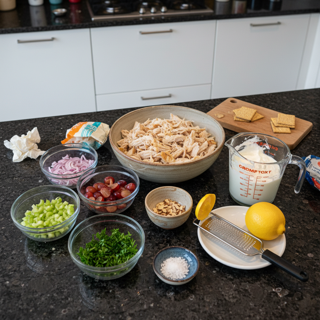 high-protein-chicken-salad-ingredients A flat lay of fresh ingredients for high protein chicken salad, including cooked chicken breast, celery, Greek yogurt, and herbs.