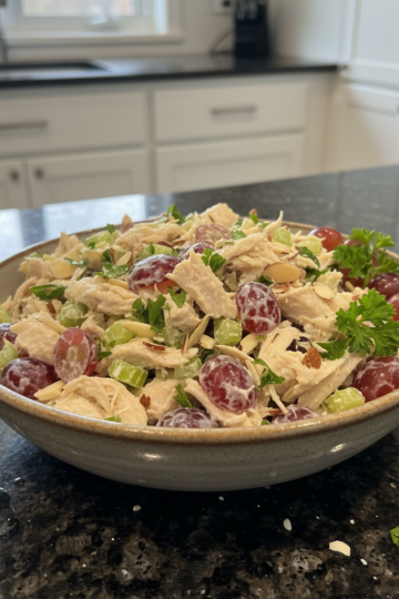 A creamy, vibrant high protein chicken salad with fresh herbs and crisp celery, served in a bowl.