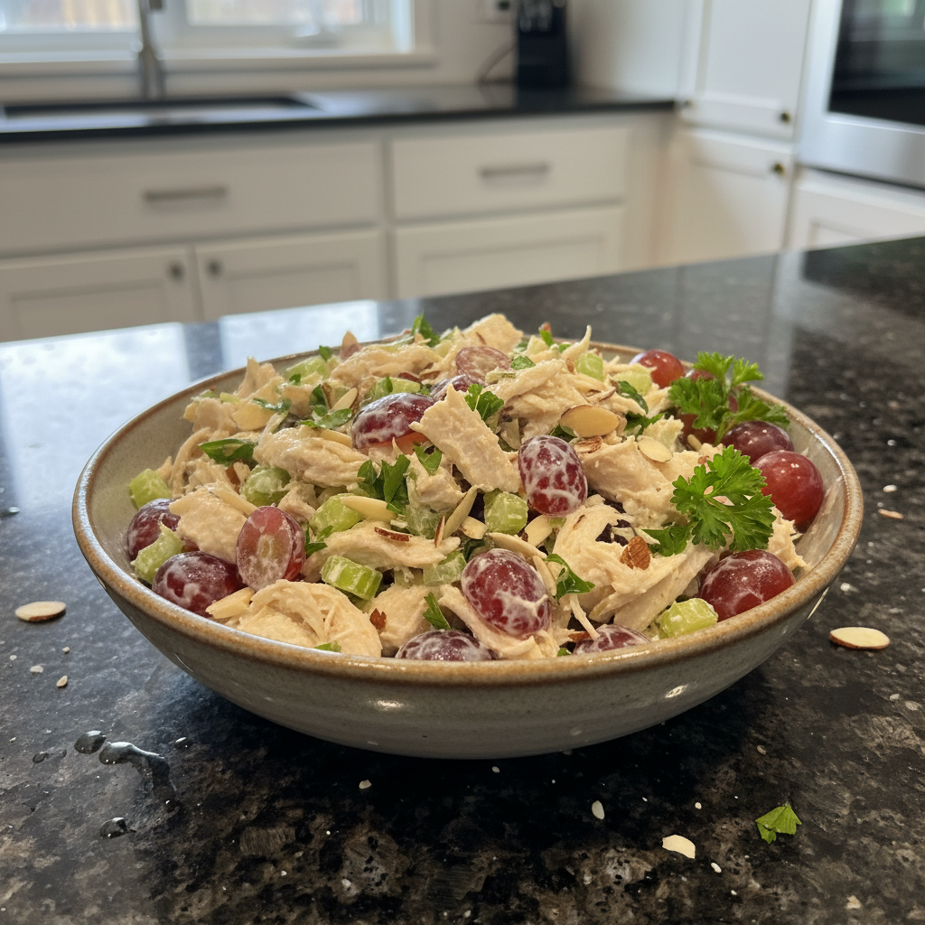 A creamy, vibrant high protein chicken salad with fresh herbs and crisp celery, served in a bowl.