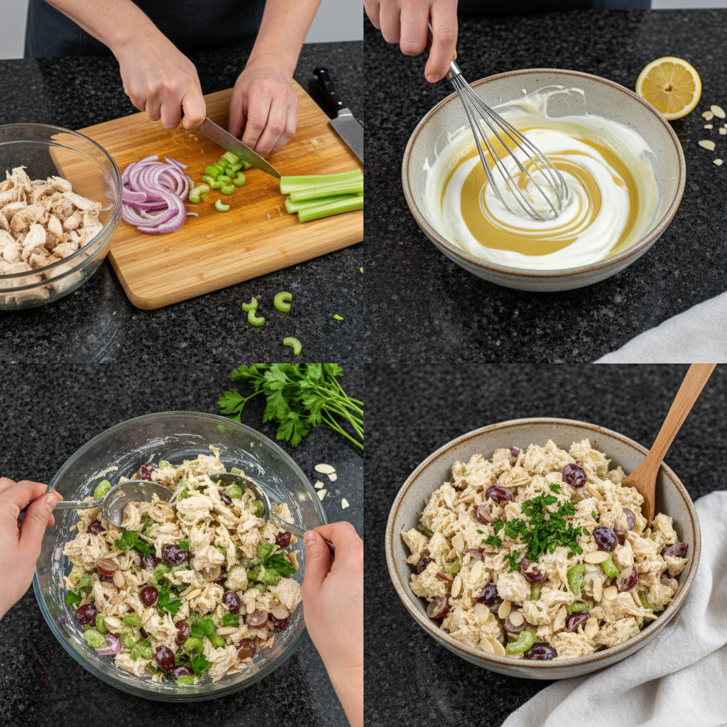 high-protein-chicken-salad-preparation Hands mixing cooked shredded chicken, Greek yogurt, and chopped vegetables in a large bowl for a high protein chicken salad.