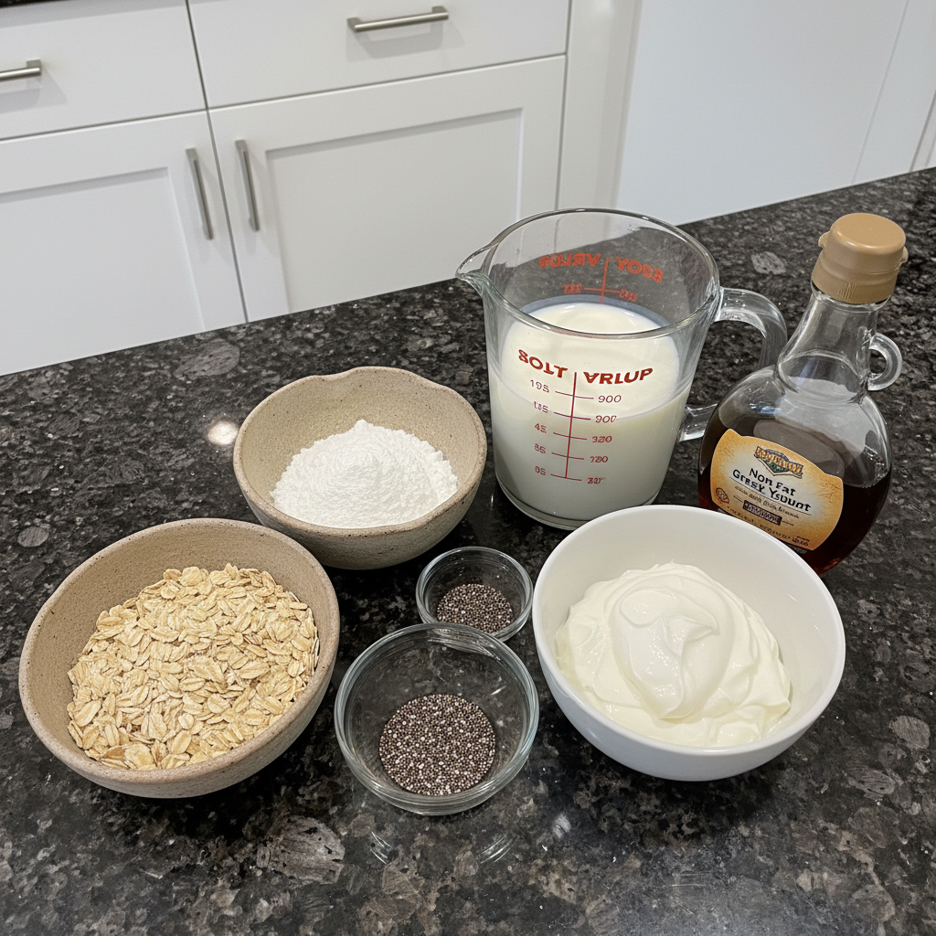 high-protein-overnight-oats-ingredients A flat lay of fresh berries, rolled oats, chia seeds, protein powder, and milk laid out for High Protein Overnight Oats.