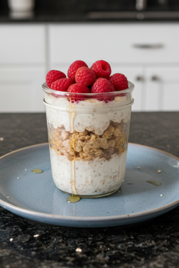 A glass jar filled with creamy High Protein Overnight Oats, topped with fresh berries and nuts, ready to eat.