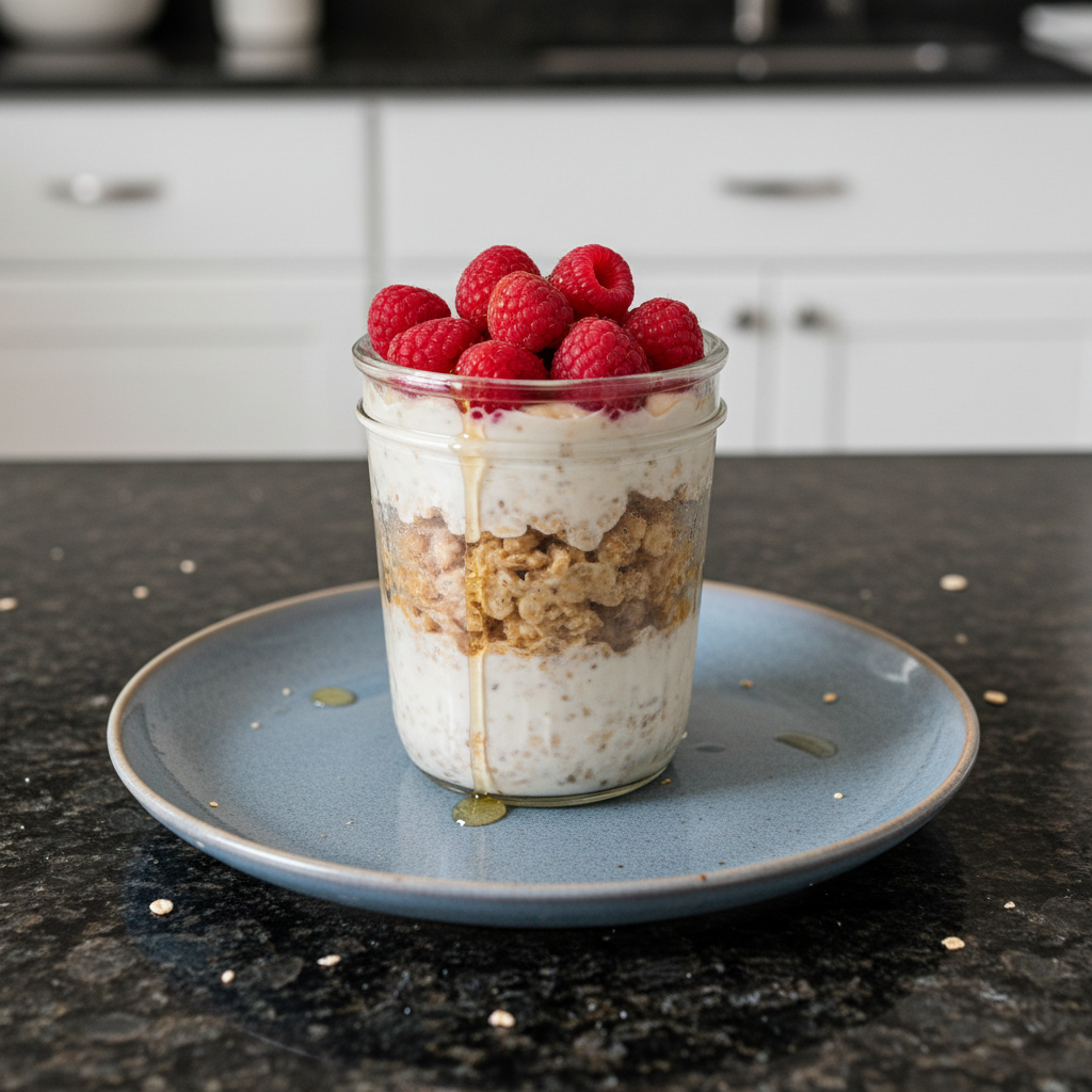 A glass jar filled with creamy High Protein Overnight Oats, topped with fresh berries and nuts, ready to eat.