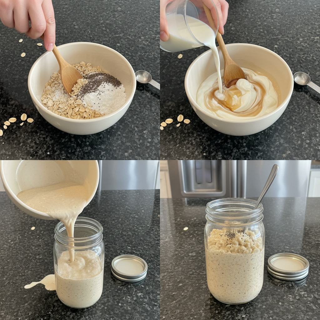 high-protein-overnight-oats-preparation Hands mixing rolled oats, protein powder, chia seeds, and milk in a jar, preparing High Protein Overnight Oats.