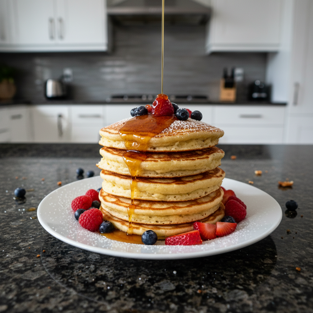 Golden stack of fluffy high protein pancakes drizzled with syrup and berries on a white plate.