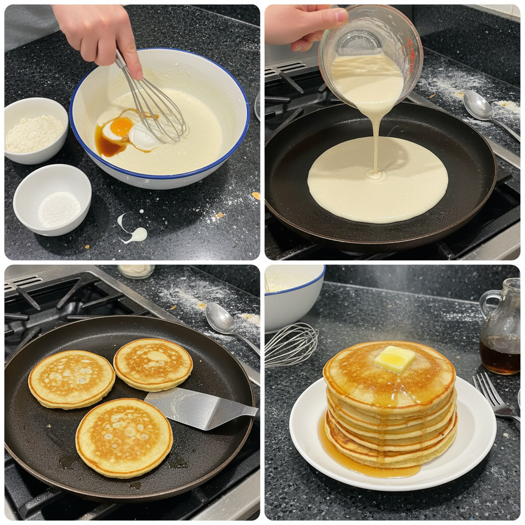 high-protein-pancakes-prep-cooking Hands pouring high protein pancake batter onto a hot griddle, showing cooking in progress.