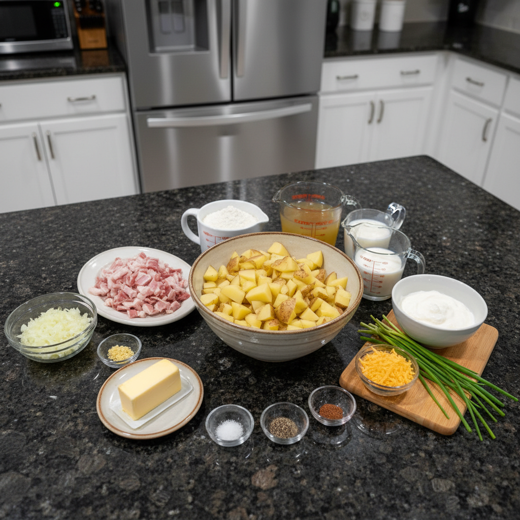 homemade-potato-soup-ingredients Fresh, raw ingredients for homemade potato soup, including potatoes, onions, garlic, cream, and broth, neatly arranged.