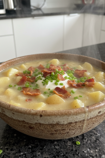 A hearty bowl of creamy homemade potato soup garnished with fresh chives and crispy bacon bits, ready to enjoy.