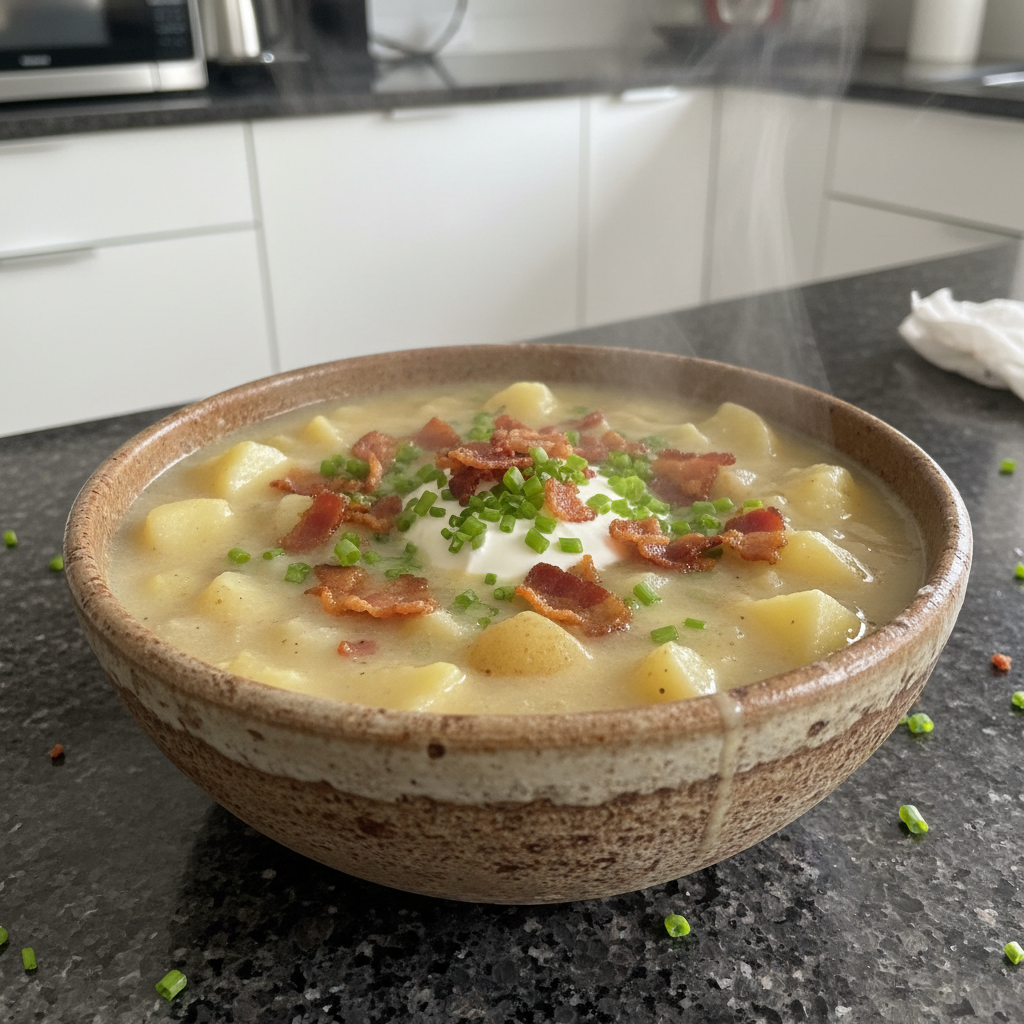 A hearty bowl of creamy homemade potato soup garnished with fresh chives and crispy bacon bits, ready to enjoy.