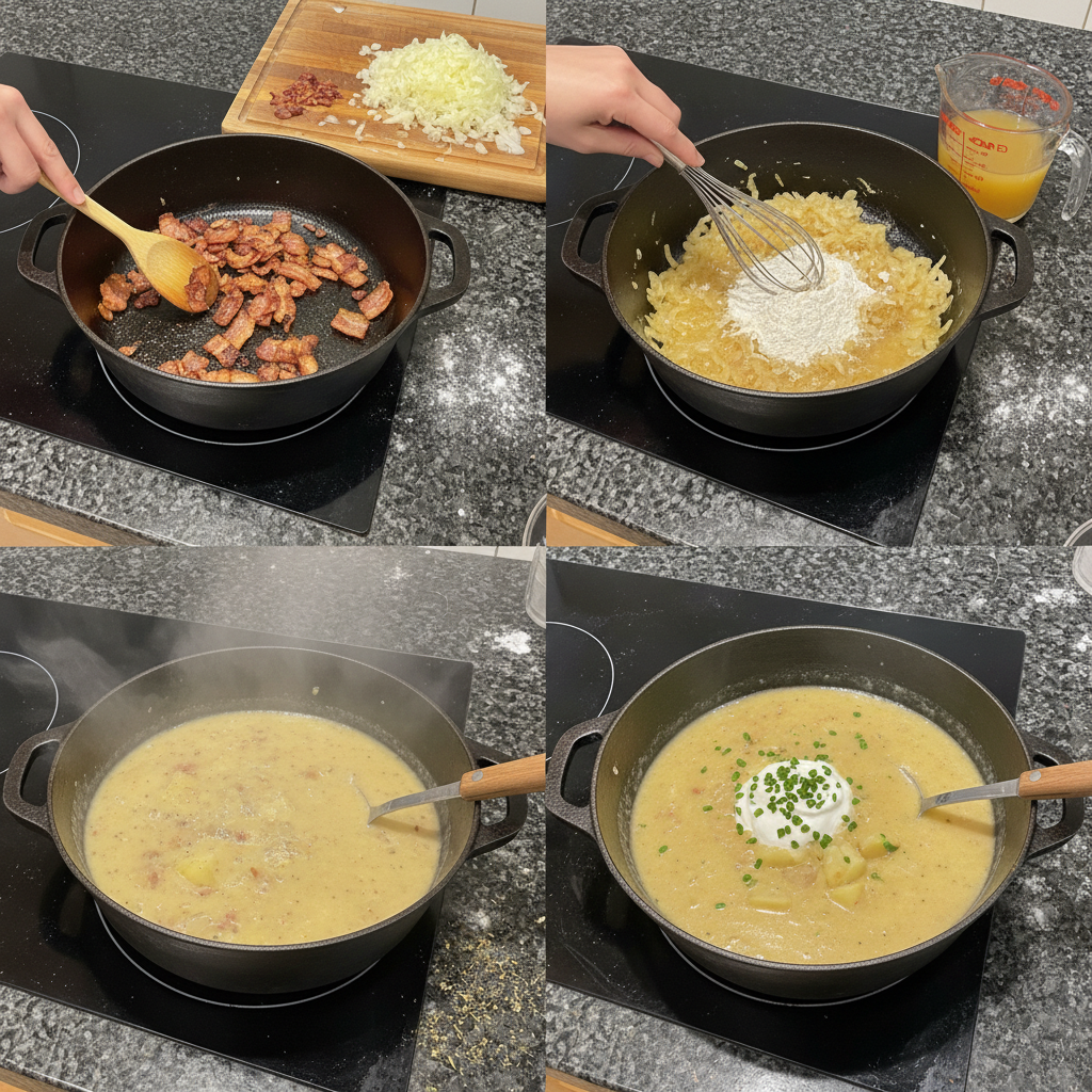 homemade-potato-soup-simmering A pot of homemade potato soup simmering gently on the stovetop, developing its rich, creamy texture and fragrant aroma.