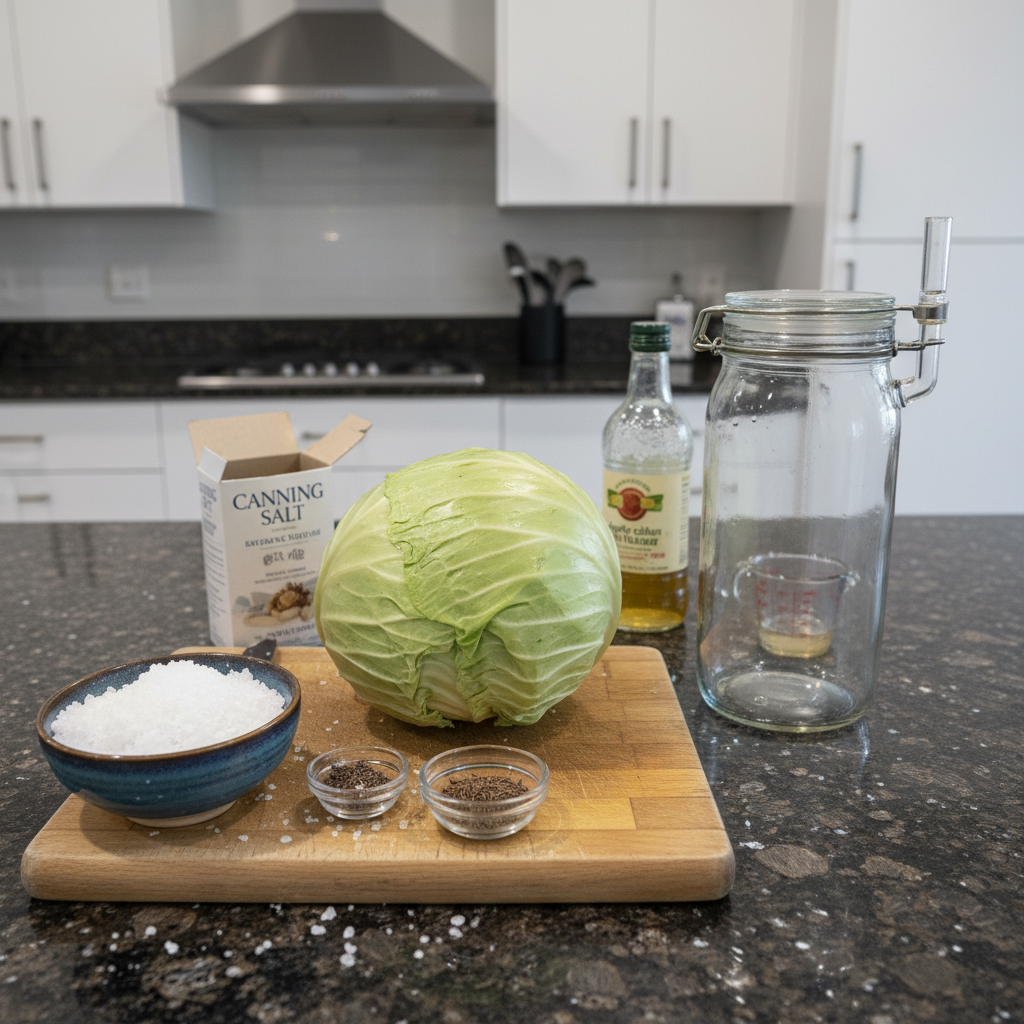 homemade-sauerkraut-ingredients Fresh cabbage heads, salt, and caraway seeds laid out on a wooden board, ready for making homemade sauerkraut.