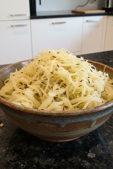 A close-up shot of tangy, golden homemade sauerkraut in a glass jar, glistening and ready to be enjoyed.