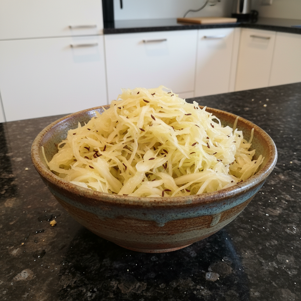 A close-up shot of tangy, golden homemade sauerkraut in a glass jar, glistening and ready to be enjoyed.