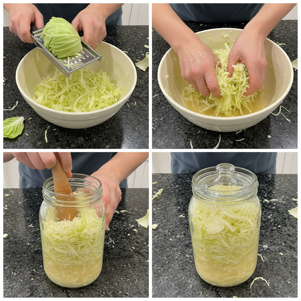 homemade-sauerkraut-prep-step Hands pressing shredded cabbage firmly into a glass jar with a wooden tamper, a key step in preparing homemade sauerkraut.