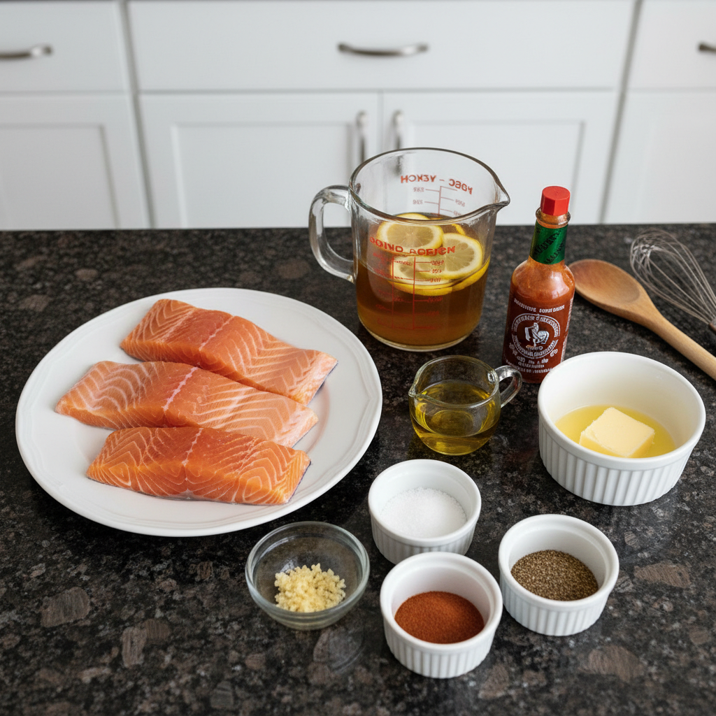 honey-garlic-salmon-ingredients Fresh ingredients for honey garlic salmon: salmon fillets, honey, garlic, soy sauce, lemon, on a wooden board.