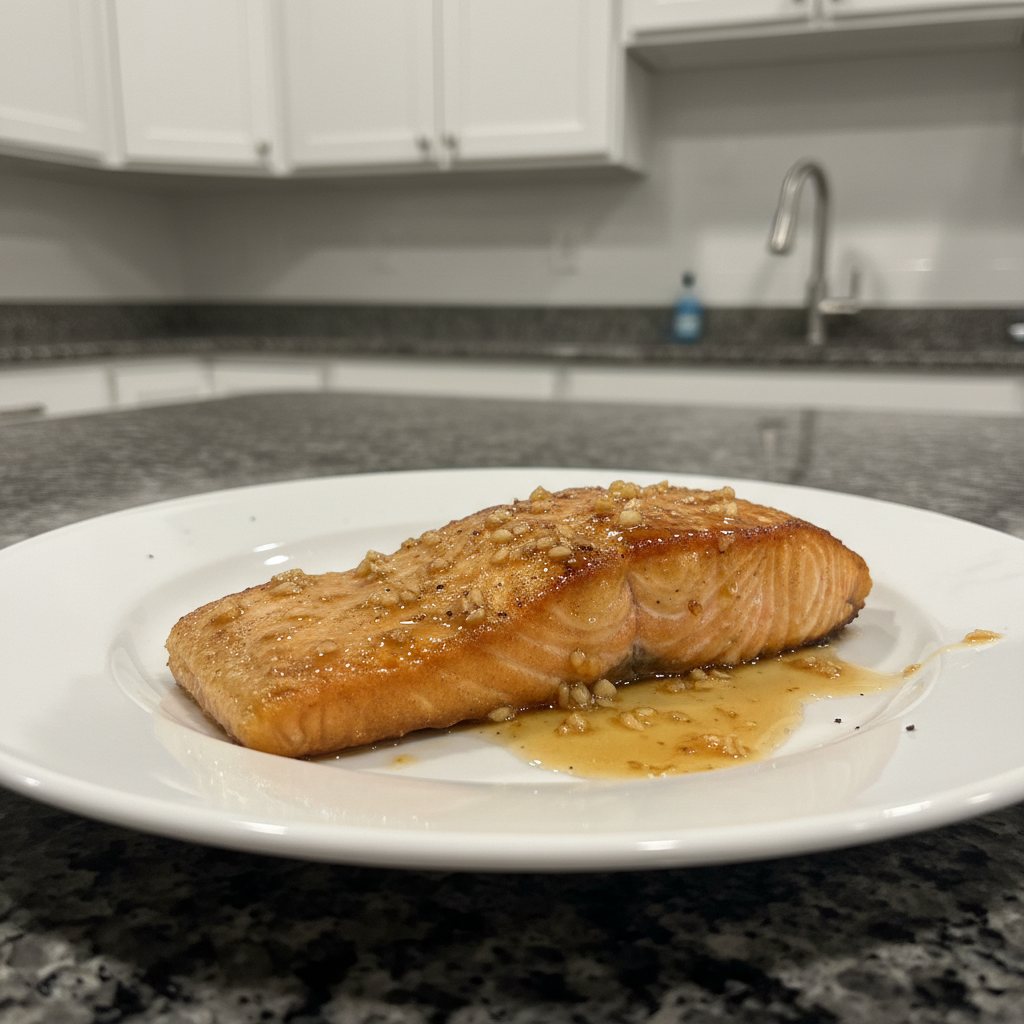 A perfectly seared honey garlic salmon fillet, garnished with fresh parsley and lemon, on a white plate.