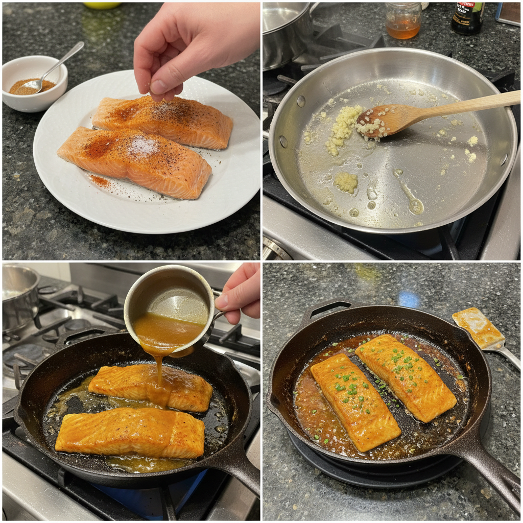 honey-garlic-salmon-prep A chef preparing honey garlic salmon, brushing the sauce onto fillets in a pan, showcasing the cooking process.