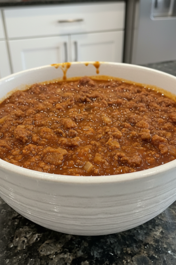 A close-up of a grilled hot dog loaded with a thick, savory hot dog chili recipe and shredded cheese.