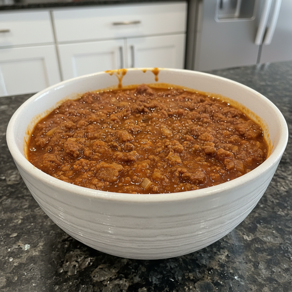A close-up of a grilled hot dog loaded with a thick, savory hot dog chili recipe and shredded cheese.