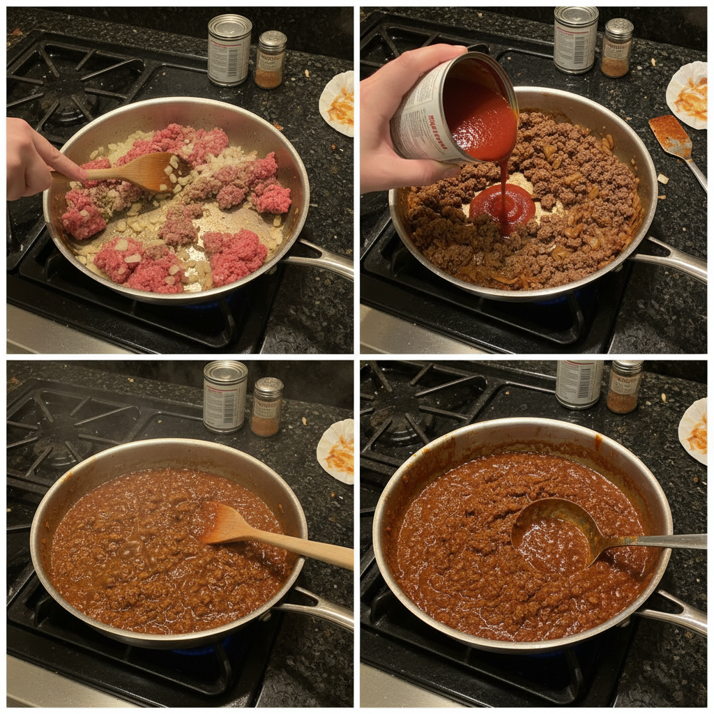 hot-dog-chili-recipe-prep Ground beef browning in a skillet with onions and spices, a key step for a hot dog chili recipe.