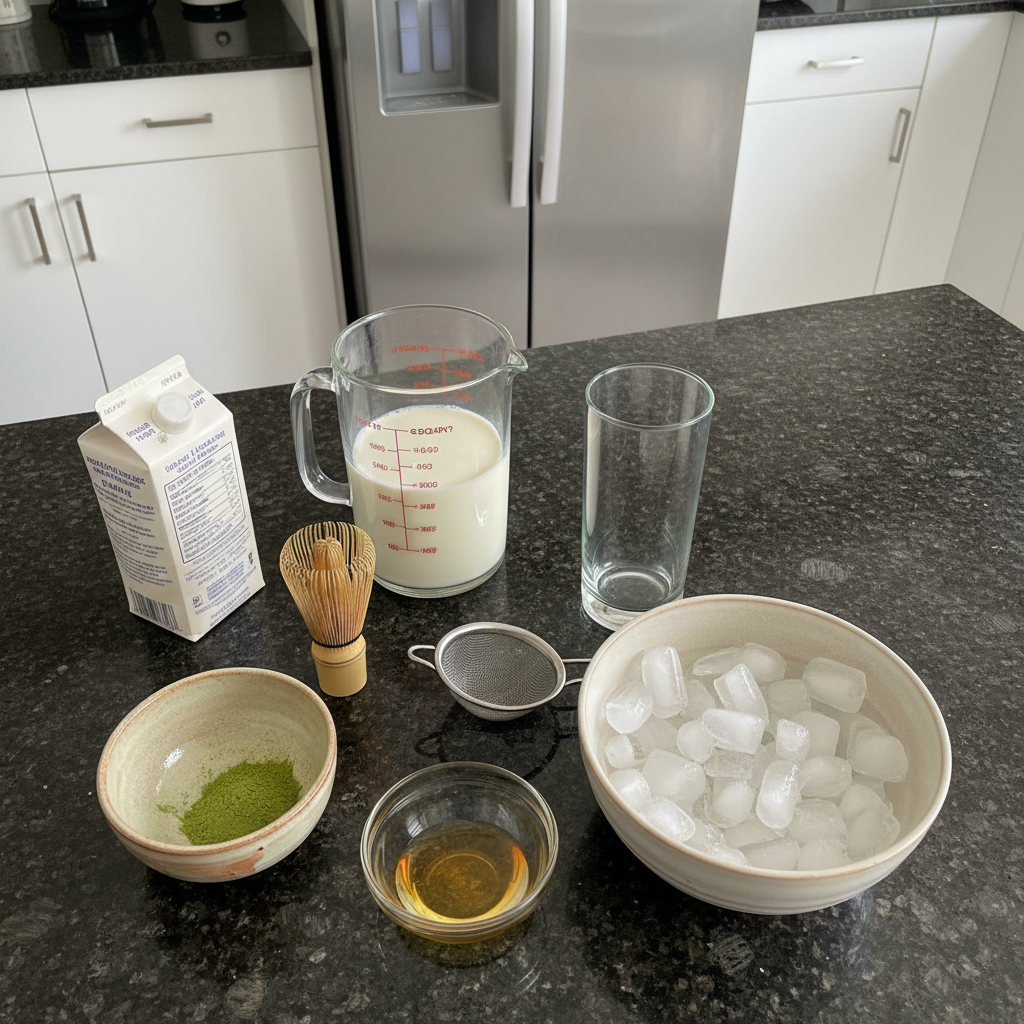 iced-matcha-latte-ingredients-list Essential ingredients for an Iced Matcha Latte, including bright green matcha powder, milk, and ice cubes.