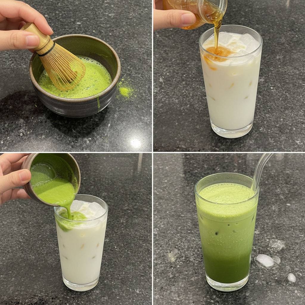 iced-matcha-latte-whisking-matcha A hand whisking bright green matcha powder with hot water in a bowl, preparing for an Iced Matcha Latte.