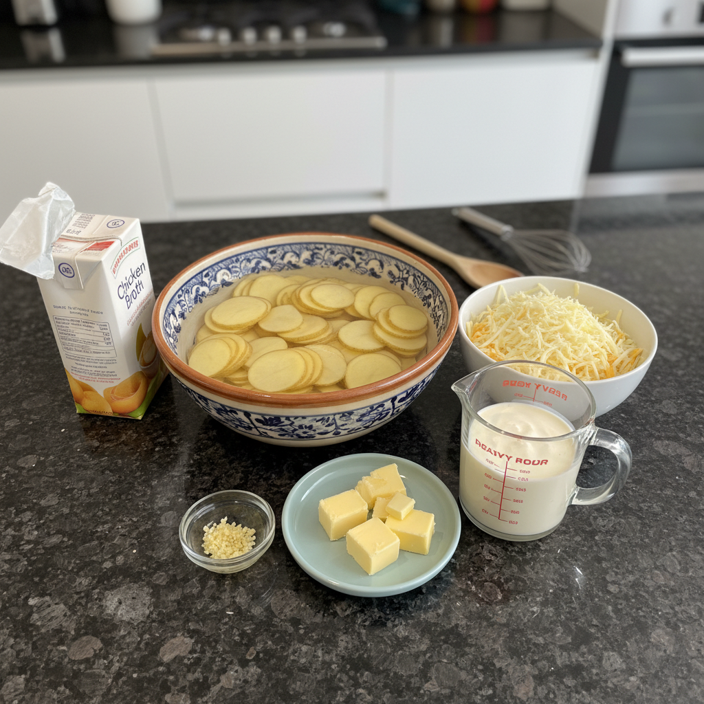 instant-pot-scalloped-potatoes-ingredients Fresh slices of potatoes, heavy cream, shredded cheese, and spices laid out for instant pot scalloped potatoes.