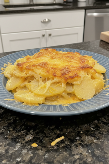 Golden brown instant pot scalloped potatoes in a baking dish, fresh from the oven, ready to serve for a family meal.