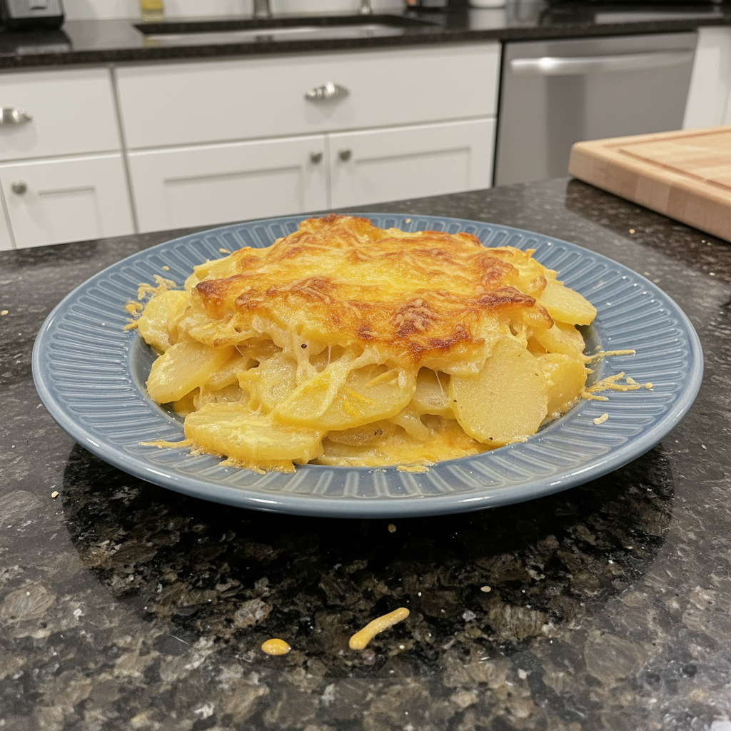 Golden brown instant pot scalloped potatoes in a baking dish, fresh from the oven, ready to serve for a family meal.