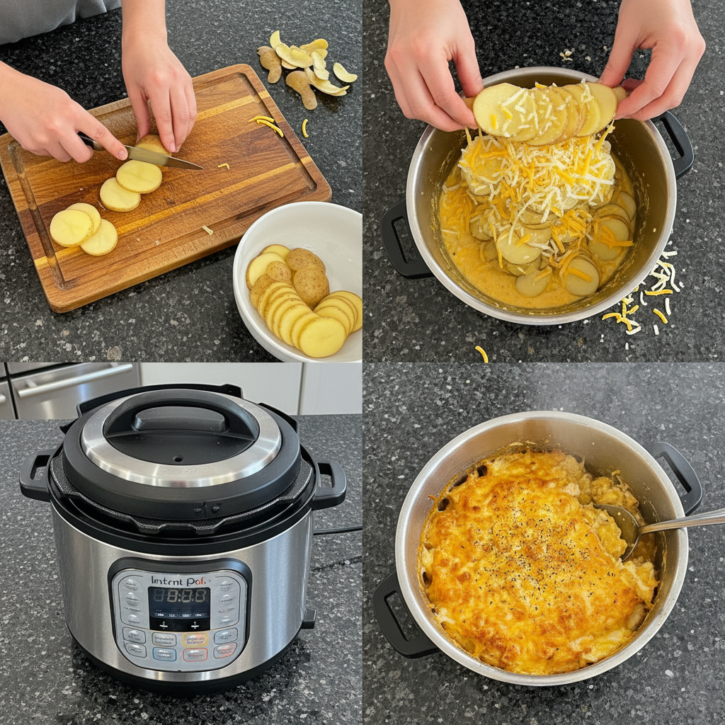 instant-pot-scalloped-potatoes-prep-step Layering thinly sliced potatoes and creamy sauce in an Instant Pot insert before cooking instant pot scalloped potatoes.
