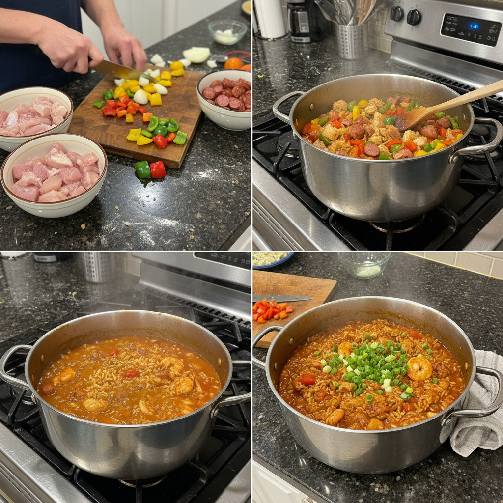 jambalaya-cooking-process.jpg A chef stirring a large pot of simmering Jambalaya, showing the cooking process in a cast iron dutch oven.