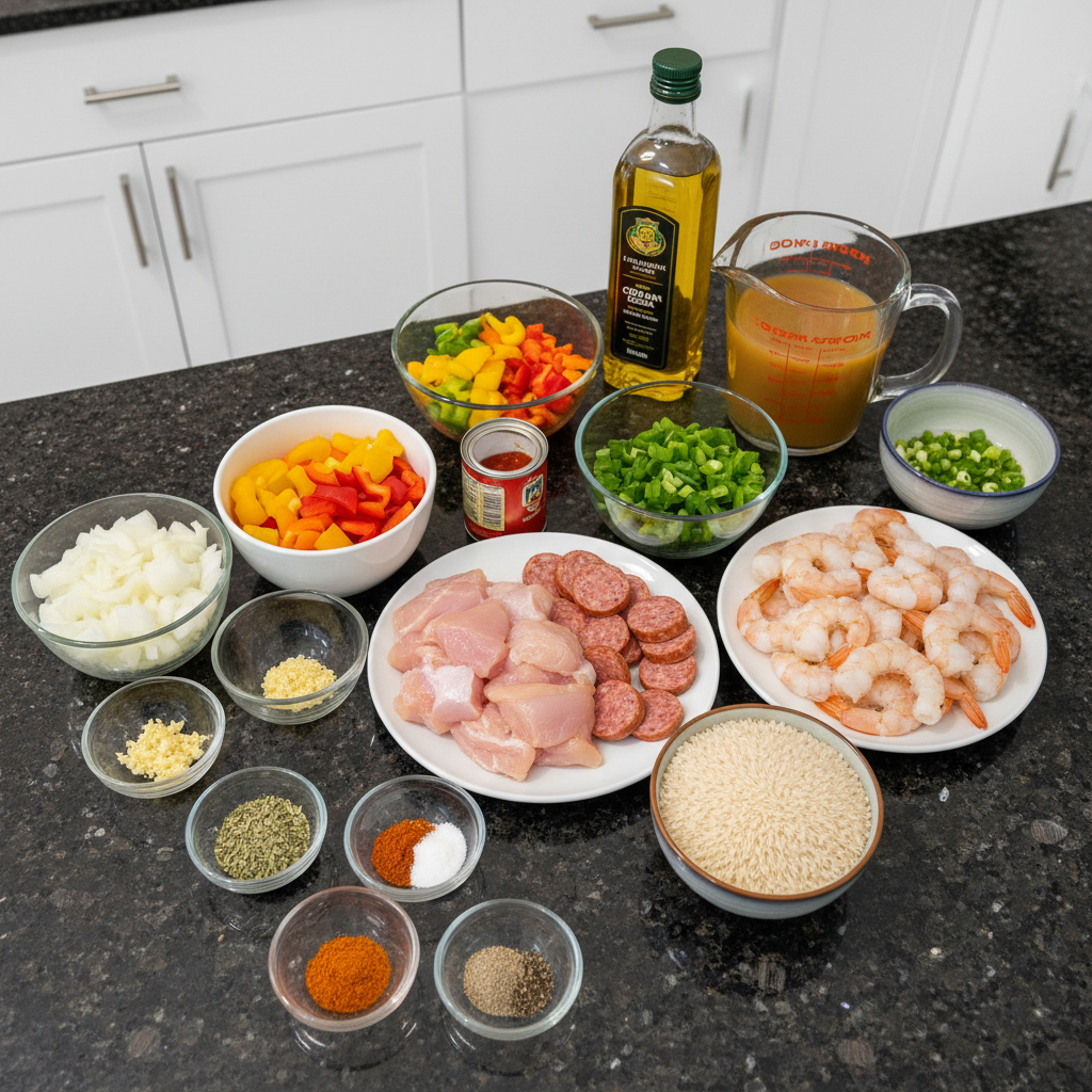 jambalaya-ingredients-prep.jpg Fresh ingredients for Jambalaya laid out on a wooden board, including rice, shrimp, sausage, bell peppers, and onions.