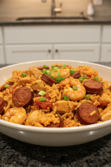A hearty bowl of classic Jambalaya with shrimp, sausage, and rice, garnished with fresh parsley.