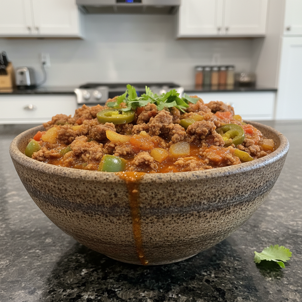A steaming bowl of rich, hearty keto chili recipe garnished with fresh cilantro and shredded cheddar cheese.