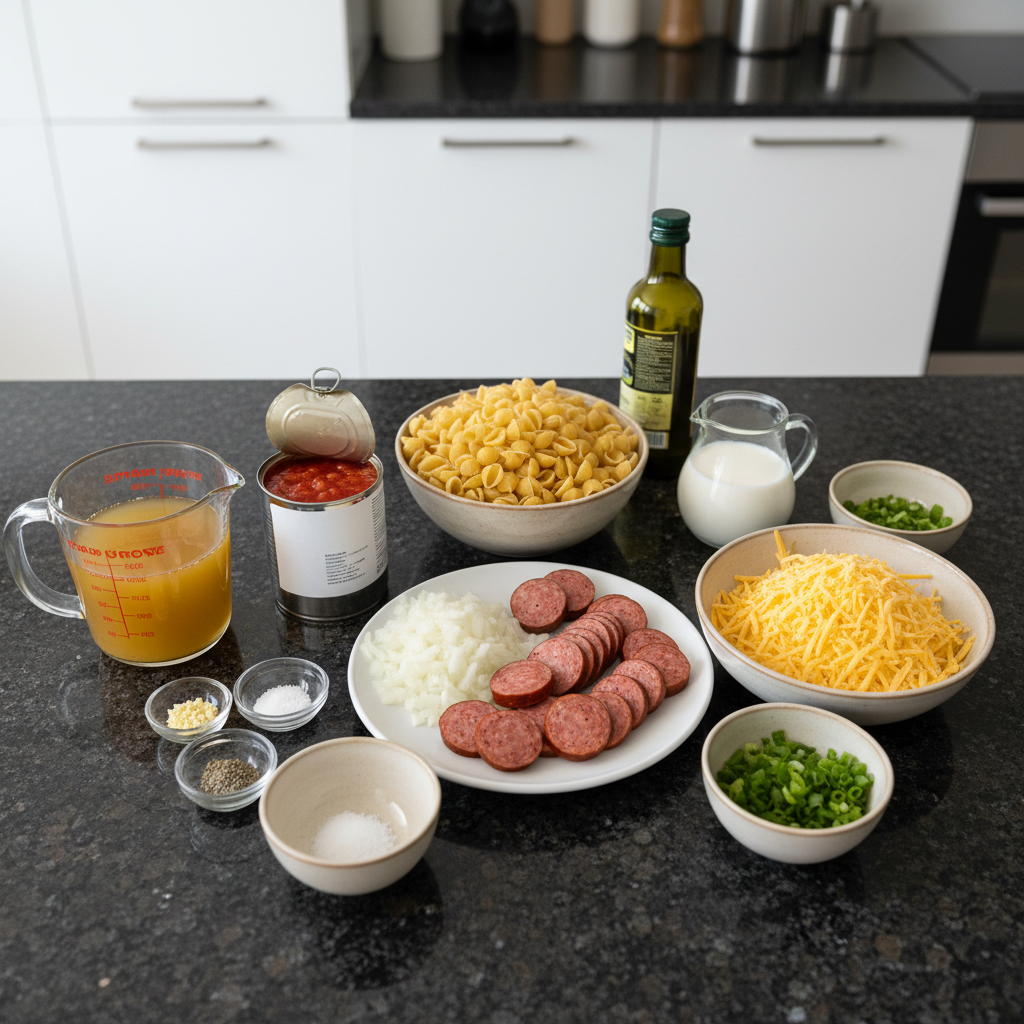 kielbasa-pasta-ingredients Fresh ingredients laid out for making kielbasa pasta, including sliced sausage, various pasta shapes, and vegetables.