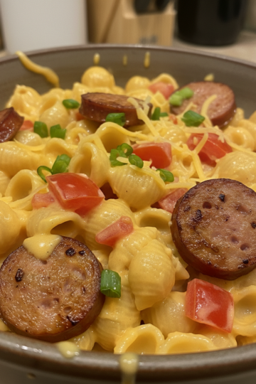 A vibrant bowl of kielbasa pasta with colorful vegetables and creamy sauce, ready to be served.