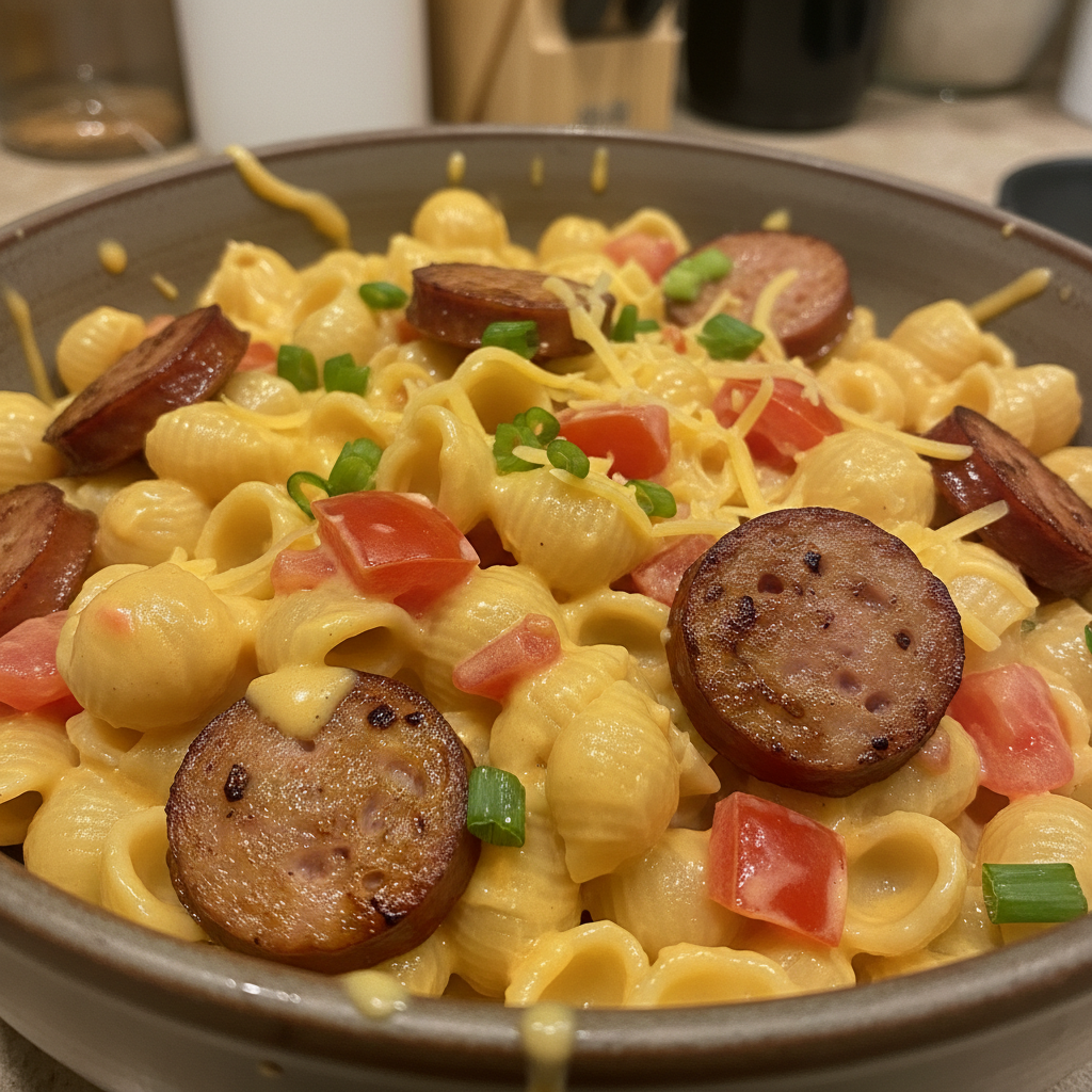 A vibrant bowl of kielbasa pasta with colorful vegetables and creamy sauce, ready to be served.