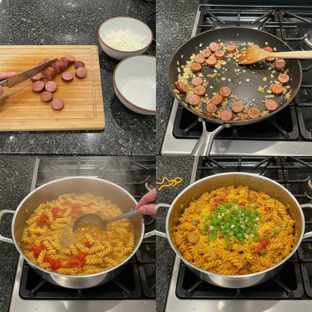 kielbasa-pasta-prep-step Chopped kielbasa and diced vegetables simmering in a large pan, a key step in preparing kielbasa pasta.
