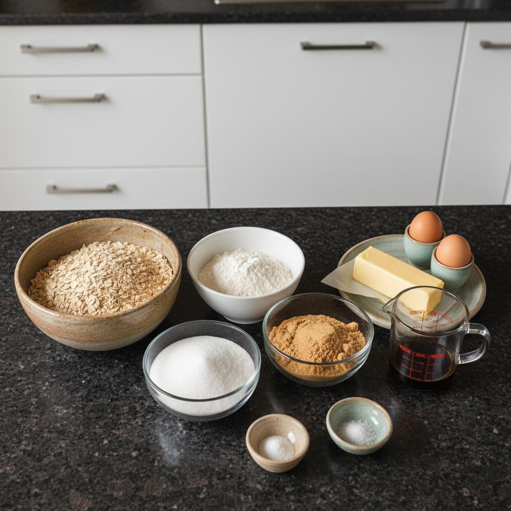 lacy-oatmeal-cookies-ingredients A display of fresh ingredients like rolled oats, brown sugar, flour, and butter for making lacy oatmeal cookies.