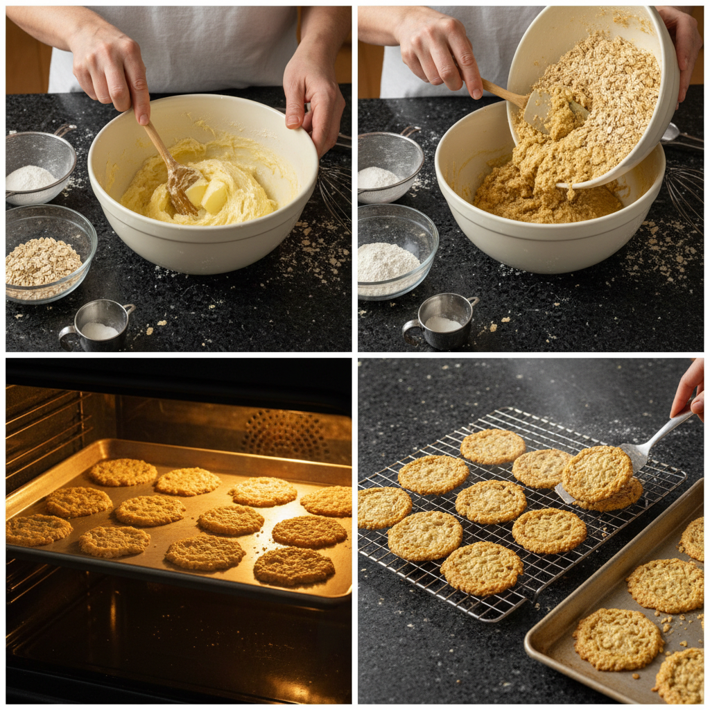 lacy-oatmeal-cookies-preparation A close-up of thin cookie dough being spooned onto a baking sheet, preparing lacy oatmeal cookies for the oven.