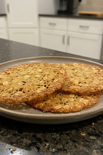 A stack of golden-brown lacy oatmeal cookies, delicate and thin, cooling on a wire rack after baking.