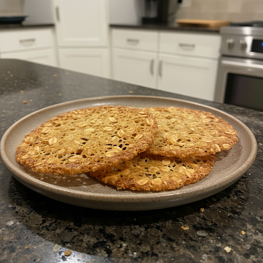 A stack of golden-brown lacy oatmeal cookies, delicate and thin, cooling on a wire rack after baking.