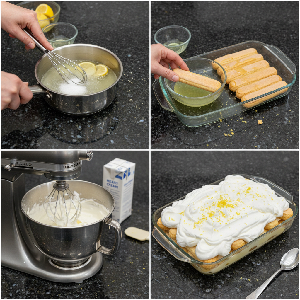 limoncello-tiramisu-dipping-ladyfingers Hands gently dipping ladyfingers into a shallow dish of limoncello syrup mixture for the Limoncello Tiramisu recipe.