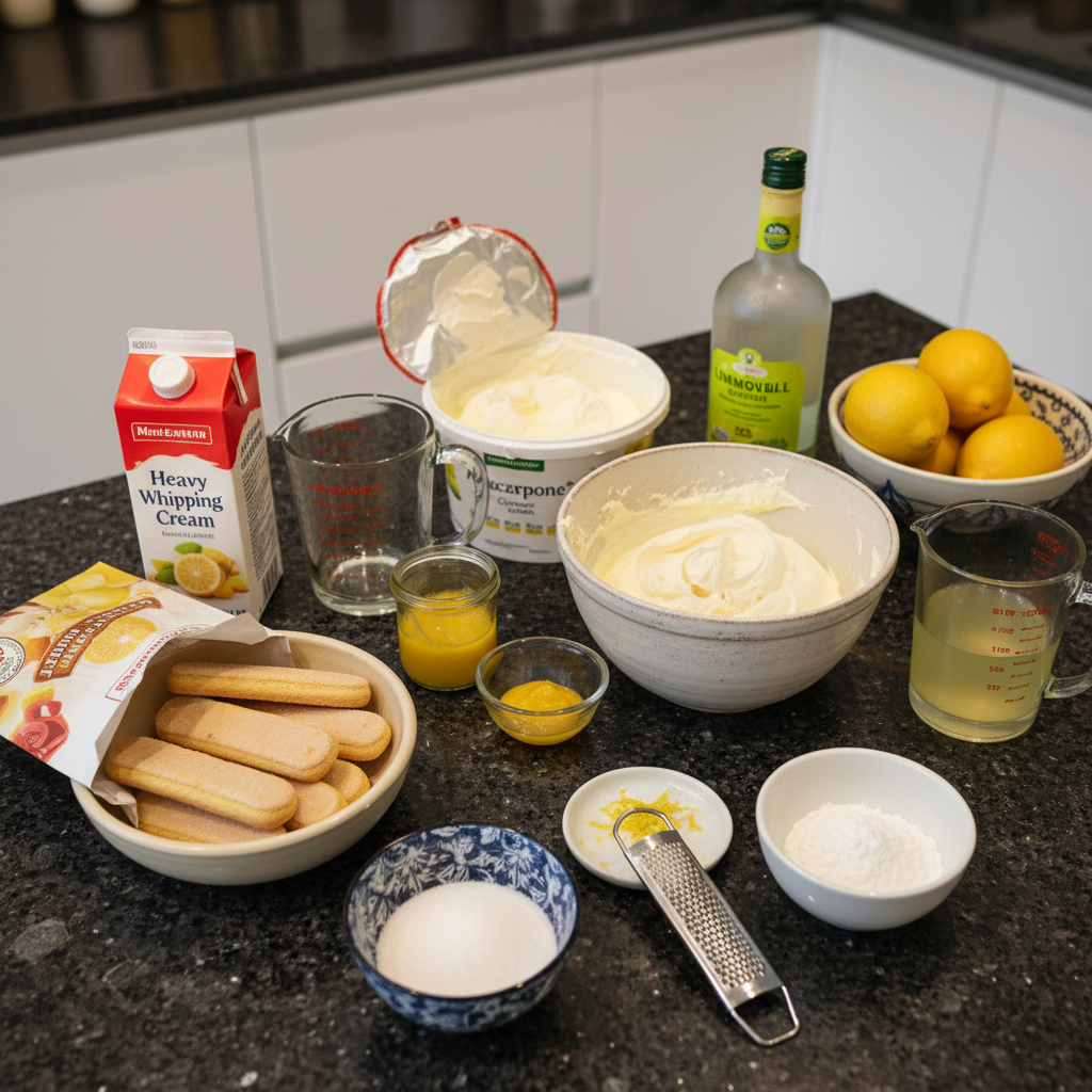 limoncello-tiramisu-ingredients-flat-lay An overhead flat lay of all fresh ingredients for Limoncello Tiramisu, including mascarpone, ladyfingers, fresh lemons, and a bottle of limoncello.