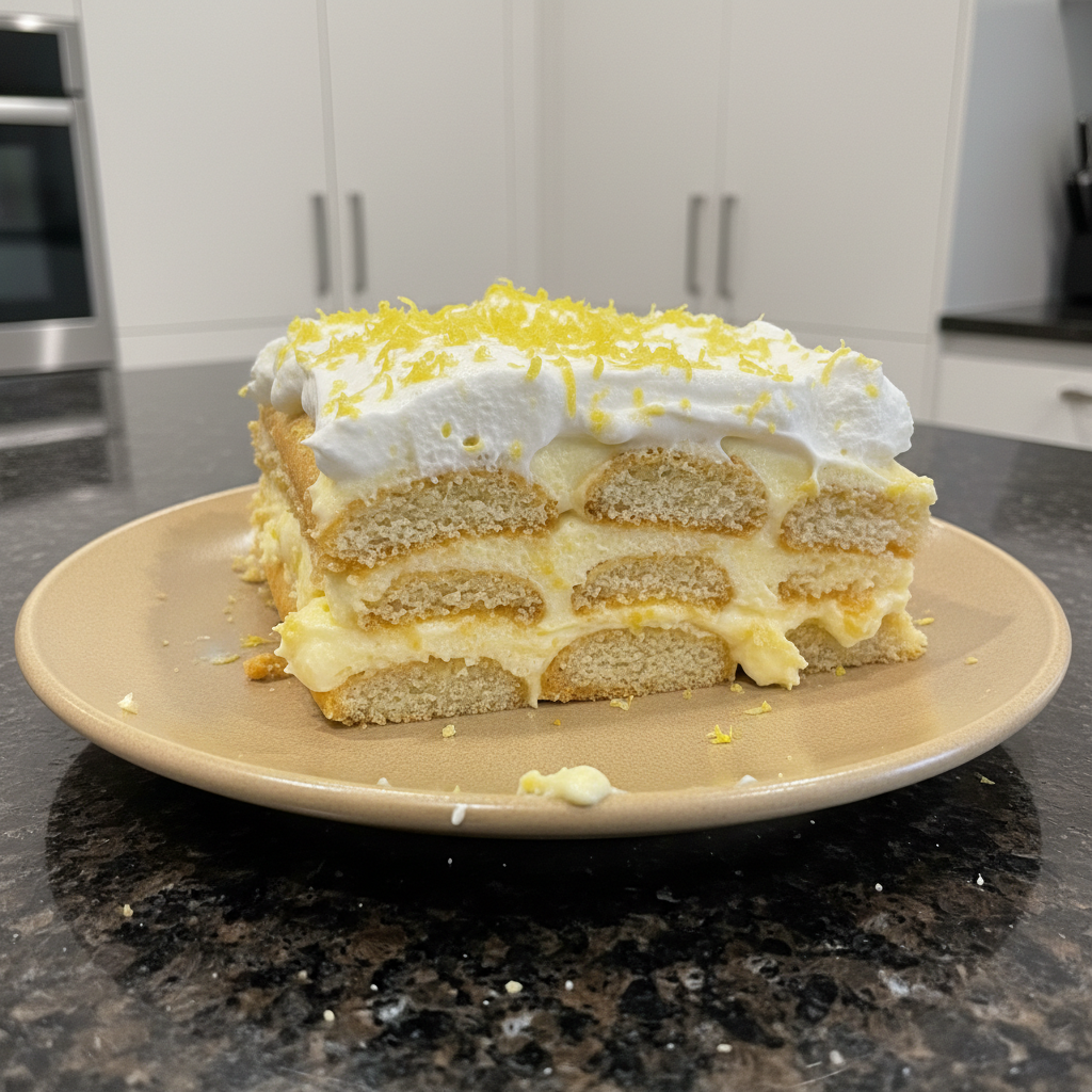 A beautifully layered Limoncello Tiramisu dessert with creamy mascarpone, ladyfingers, and fresh lemon zest garnish.