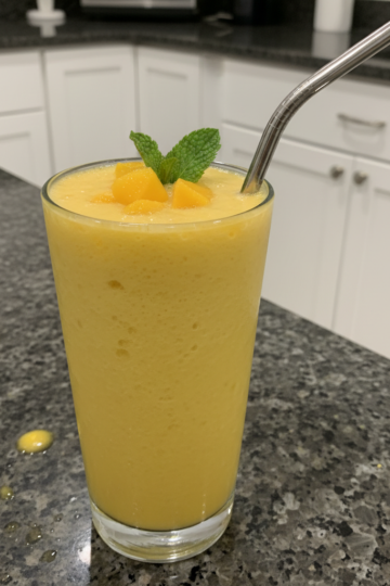 A vibrant yellow mango smoothie in a tall glass, garnished with fresh mint and a slice of mango, ready to drink.