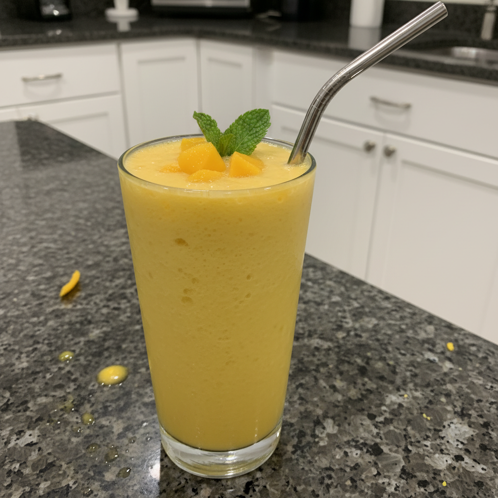 A vibrant yellow mango smoothie in a tall glass, garnished with fresh mint and a slice of mango, ready to drink.