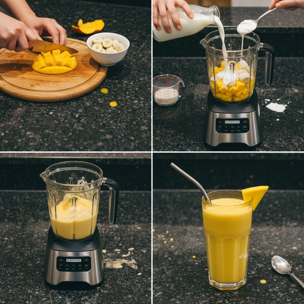 mango-smoothie-prep-blending A high-speed blender container filled with a creamy, bright yellow mixture, making a smooth mango smoothie.